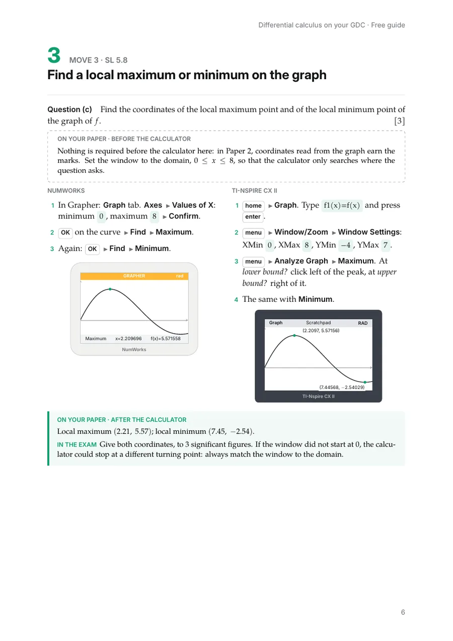 A page of the guide: the same steps on the NumWorks and on the TI-Nspire, with the screen to reach